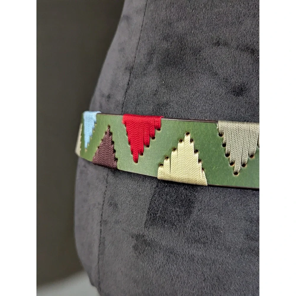 Olive Green Leather Embroidered Geometric Aztec Belt Unisex Size M 34